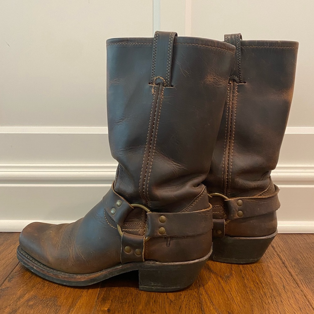 Frye Brown Leather Harness Heeled Boots